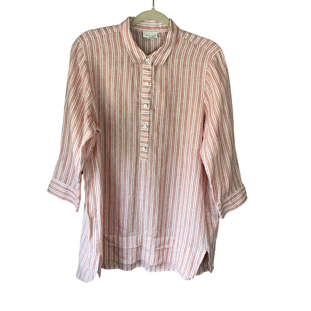J. Jill Love Linen Orange Striped 3/4 Sleeve Tunic Top Tall Medium